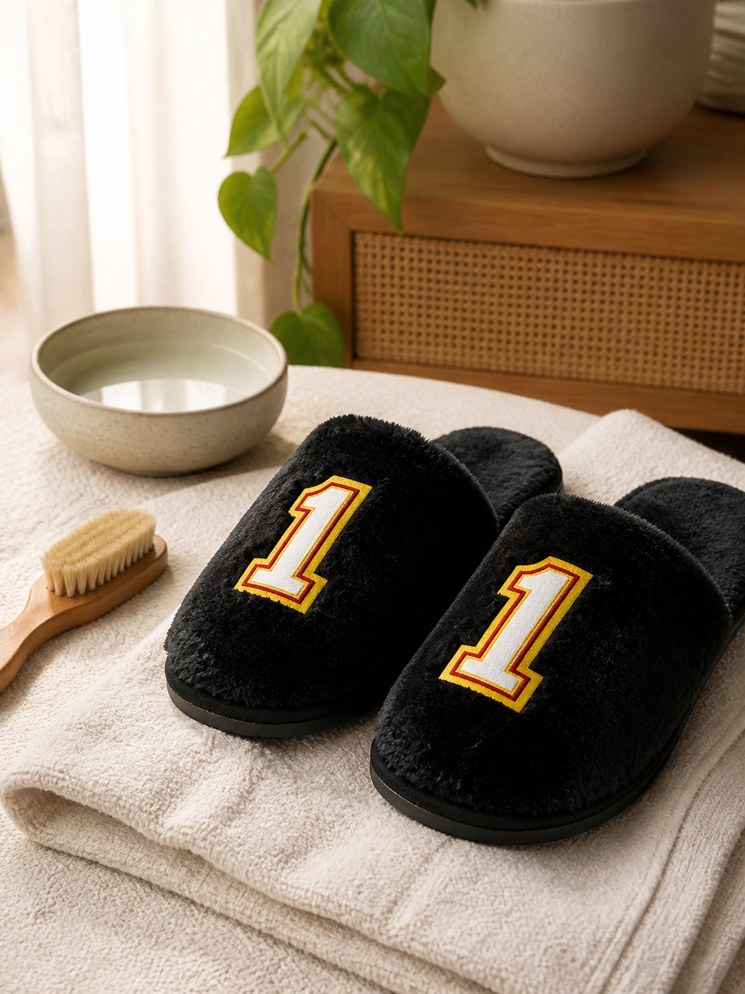 TravelKhushi black plush number-one home slippers on a towel beside a soft cleaning brush