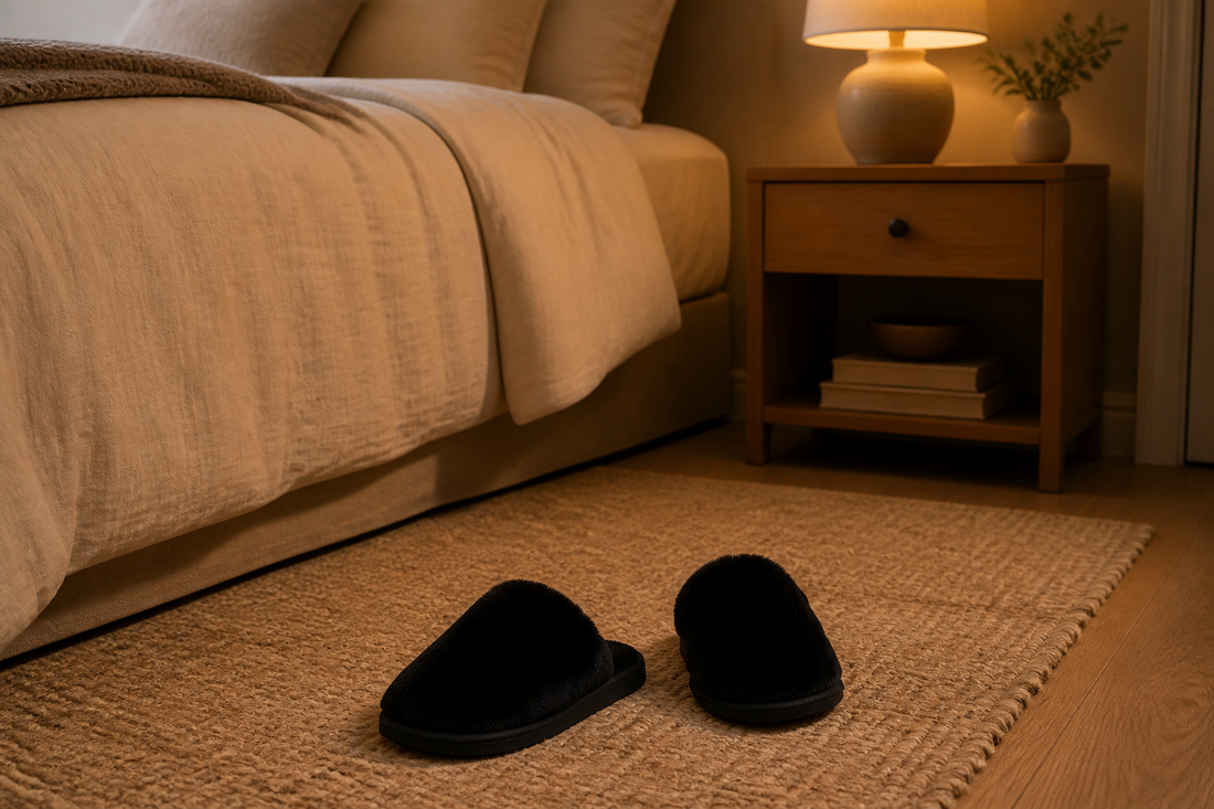 TravelKhushi black plush bedroom slippers on a bedroom rug