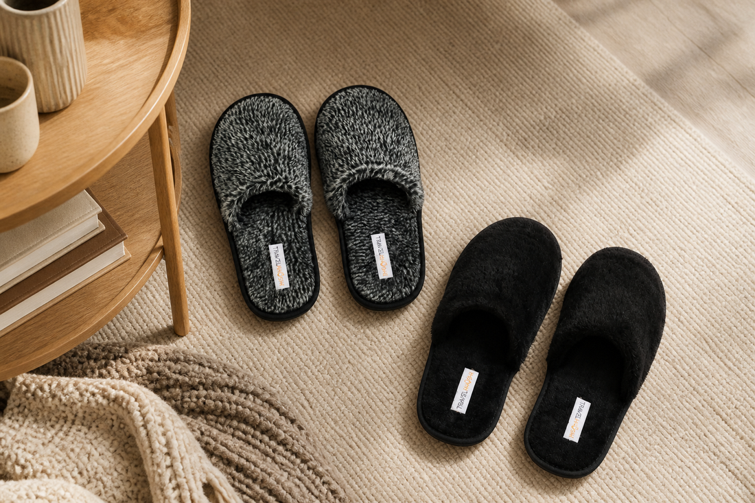 Editorial view of TravelKhushi home slippers on a warm neutral rug