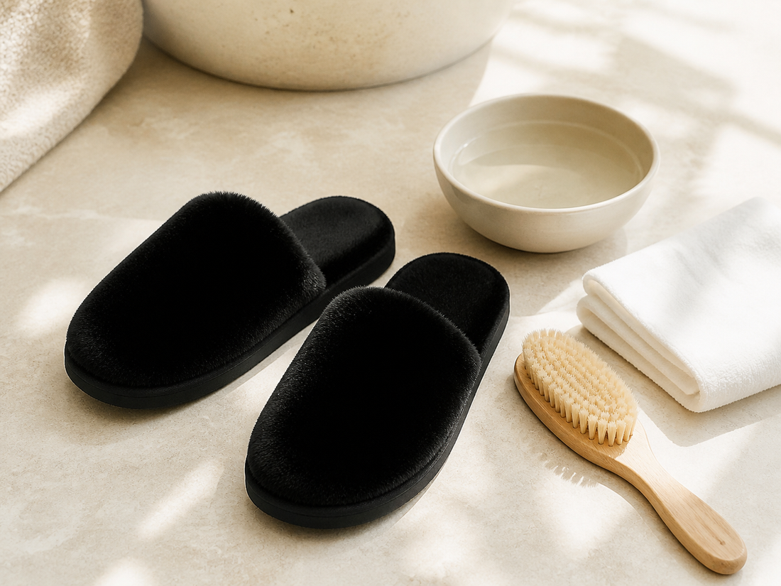 TravelKhushi plush slippers beside a brush and cloth for care guidance