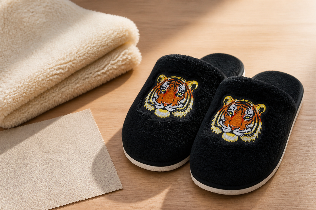 TravelKhushi tiger graphic plush slippers beside neutral fabric swatches