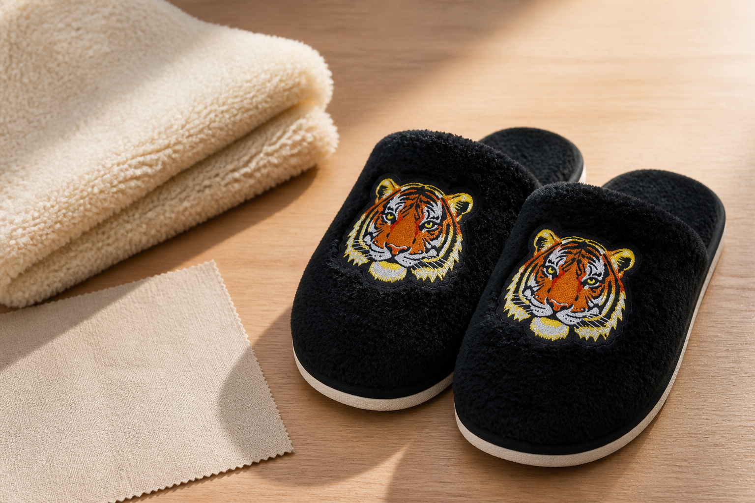 TravelKhushi tiger graphic plush slippers beside neutral fabric swatches