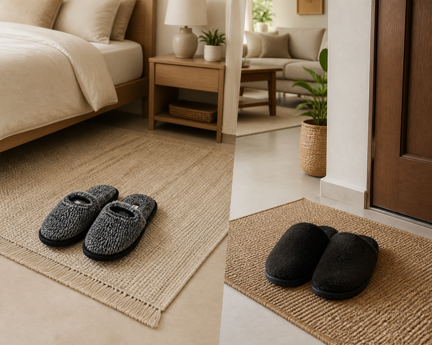 TravelKhushi home slippers arranged between bedroom and living room spaces