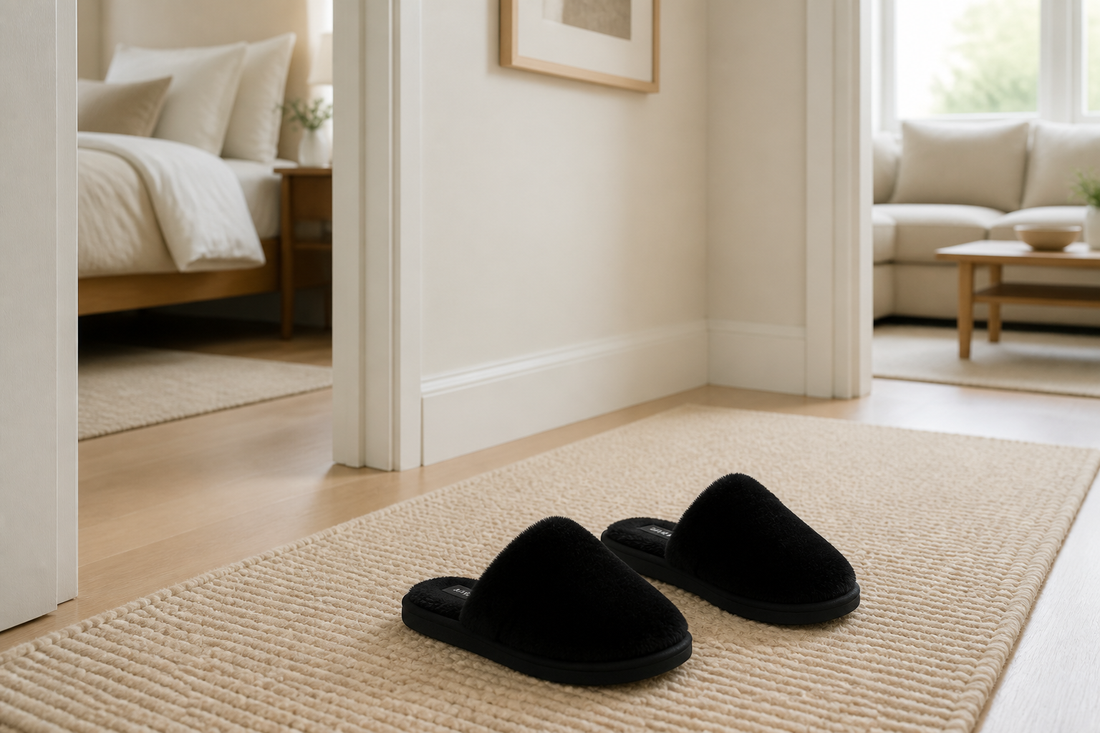 TravelKhushi indoor slippers on a hallway runner between rooms