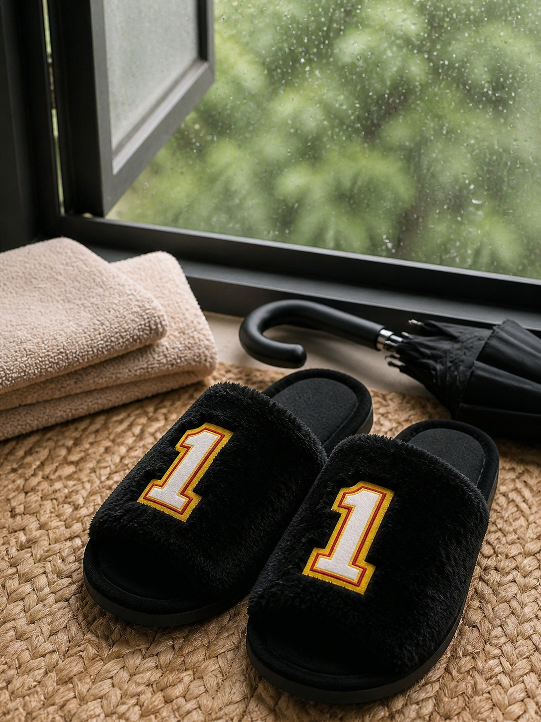 TravelKhushi black plush number-one home slippers on a dry mat beside a towel and closed umbrella during monsoon weather
