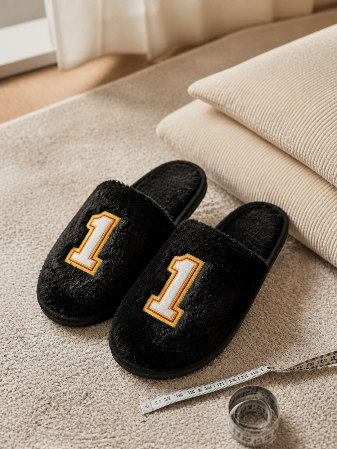 TravelKhushi black plush number-one home slippers beside a measuring tape and cushion on an indoor rug