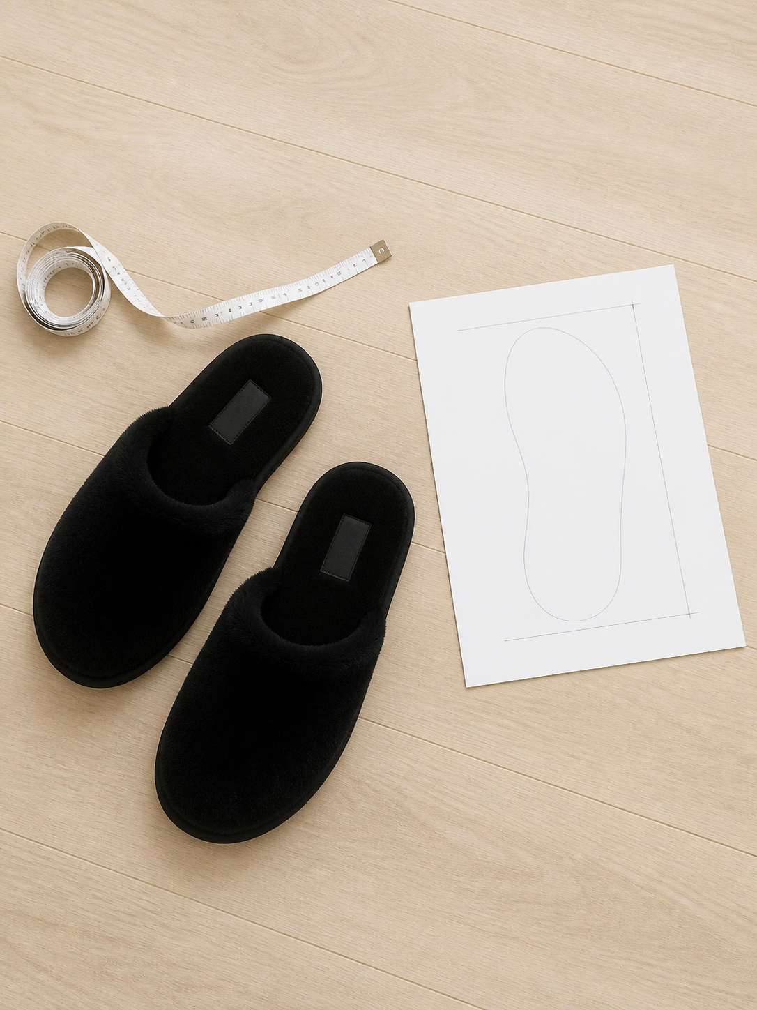 TravelKhushi home slippers beside a foot-measuring guide for size selection