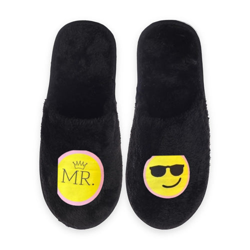 Black sticker fur slippers with Mr Cool design, pair preview