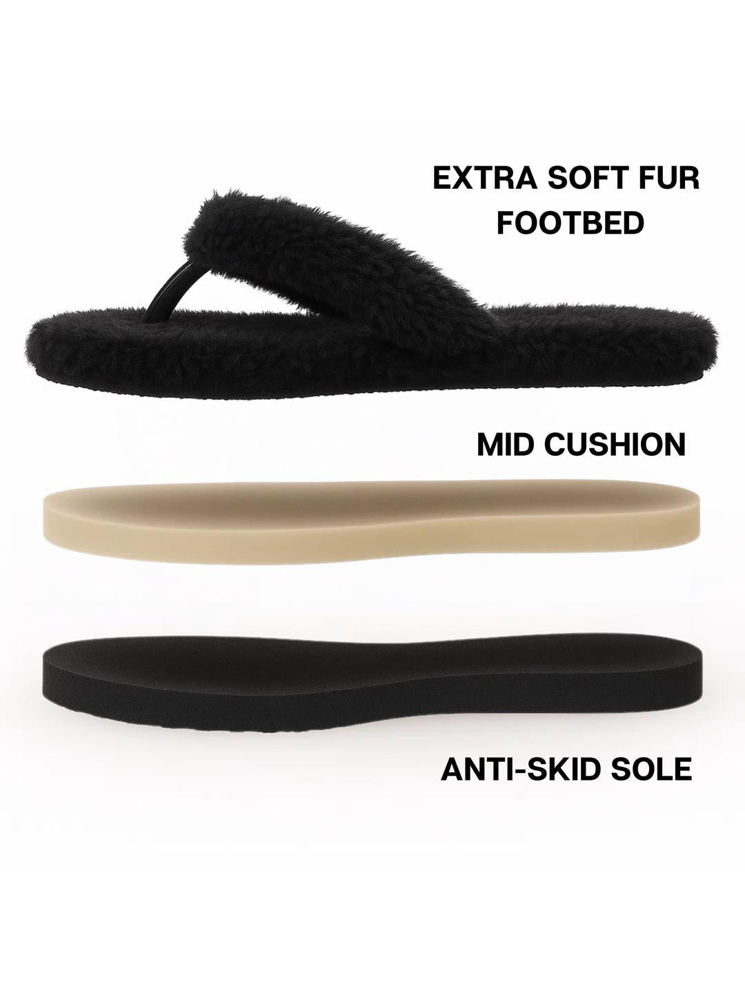 TravelKhushi black fur flip-flops cushioned construction