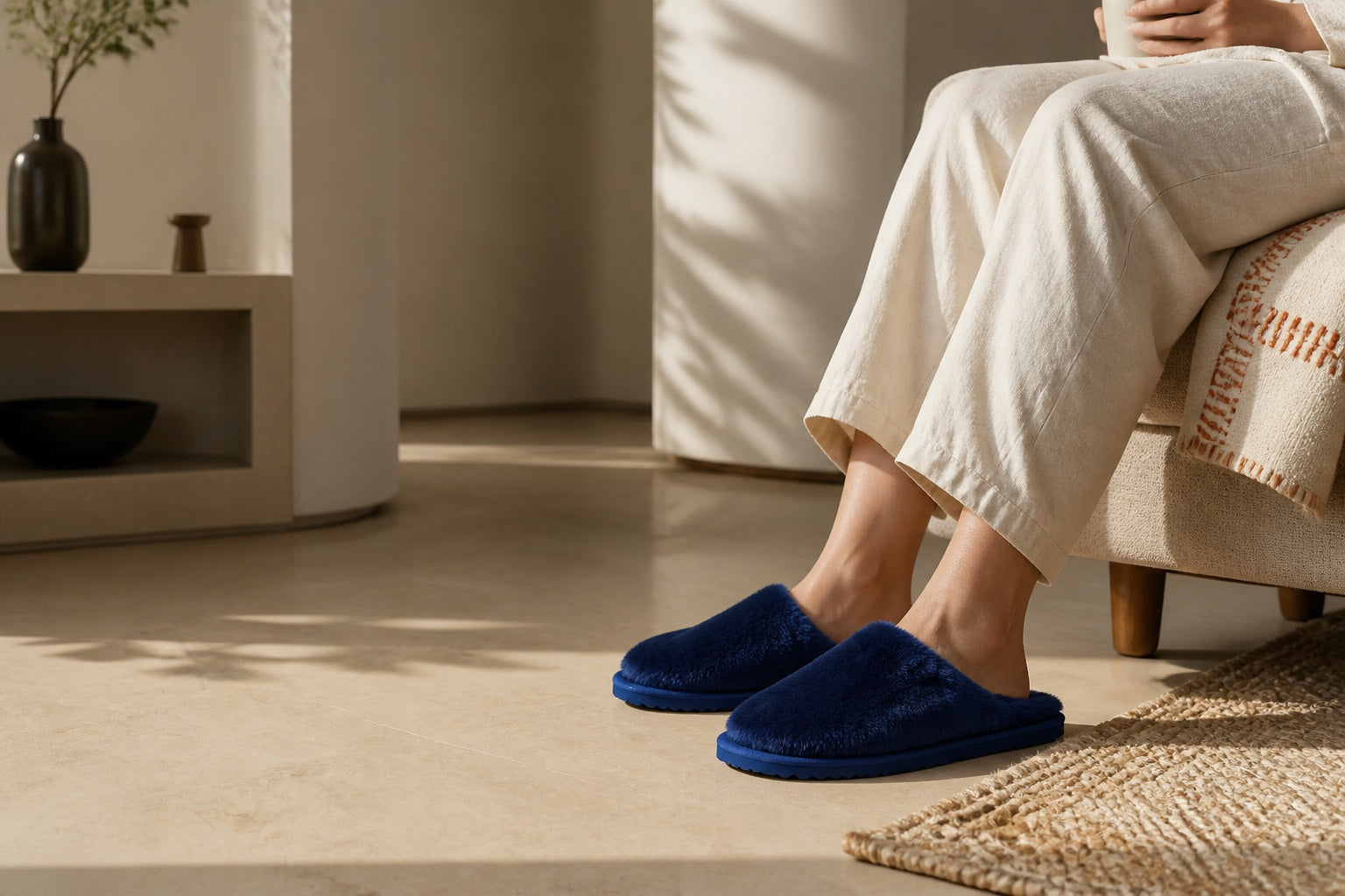 TravelKhushi navy plush room slippers worn in a warm modern home