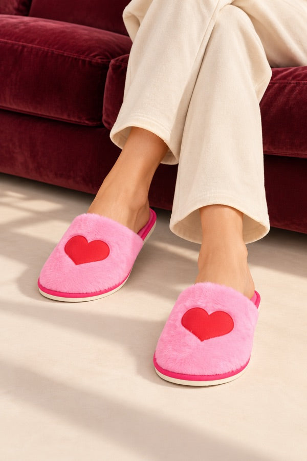 Pink heart plush room slippers